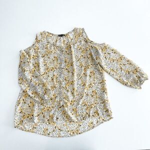 Plum Womens Blouse Cold Shoulder Long Sleeve Floral Sheer Yellow Medium